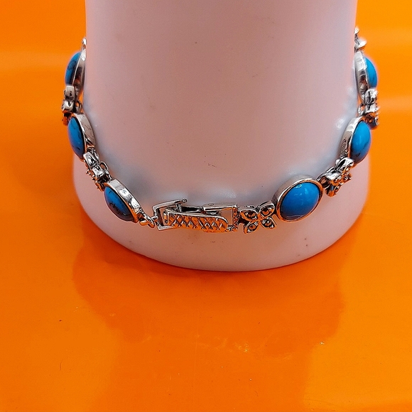Stabilized Natural Turquoise 8mm & Marcasite 925 Sterling Silver Bracelet 7" - Picture 8 of 10